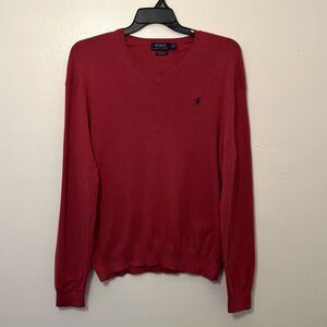 Polo Ralph Lauren Pima Cotton Knit V Neck Sweater, Red, Embroidered Pony- Large